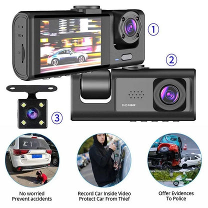 Dash Cam W/ IR Night Vision Loop Recording & 2" IPS Screen 1080P 3 Camera - Car Story