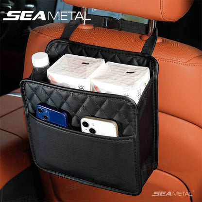 SEAMETAL Car Seat Storage Bag Pu Leather Auto Garbage Bag Hanging Storage Bags For Phone Tissue Bottle Holder Large Capacity - Car Story